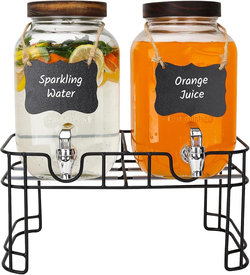 Waymind 1 Gallon Glass Drink Dispensers with Wood Lid, 2 Pack Clear Beverage Dispenser with Stand and Spigot for Parties, Lemonade Dispenser with Markers and Chalkboard for BBQ, Picnic - Image 1